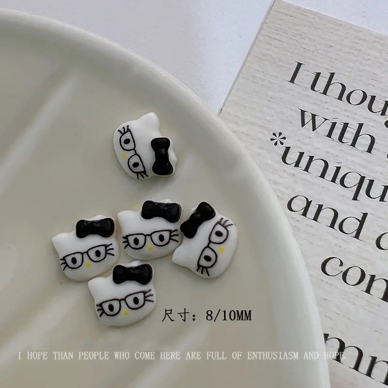 50Pcs 3D Glasses Hello Kitty Cat Cartoon Nail Art Charms Resin Cute Kitty Cat Nail Accessories DIY 6Colors Y2K Manicure Decors *