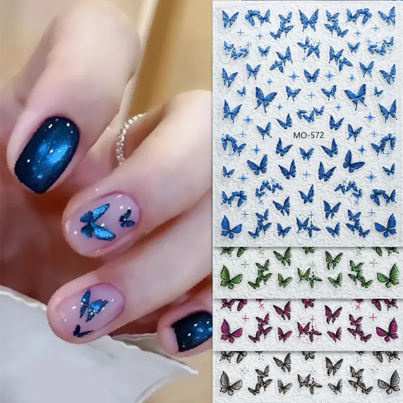 1PC 3D Elegant Luxury Nail Art Stickers Blue Glitter Butterfly Self Adhesive Nail Decorations Slider Decals DIY Nail Accessories