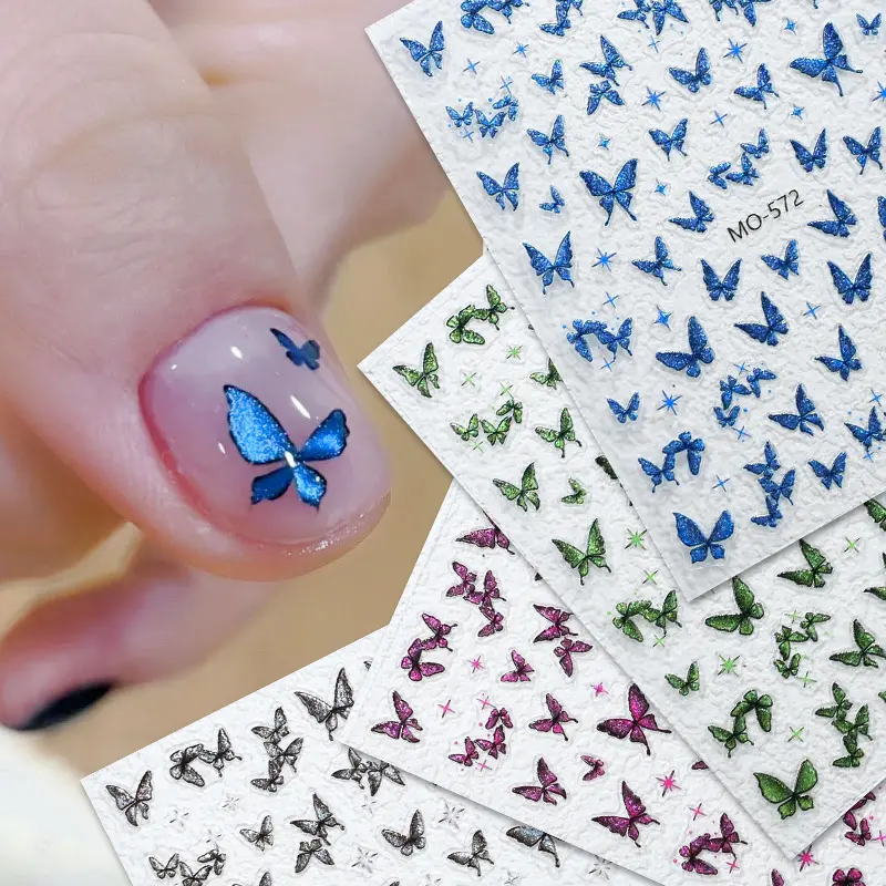 1PC 3D Elegant Luxury Nail Art Stickers Blue Glitter Butterfly Self Adhesive Nail Decorations Slider Decals DIY Nail Accessories