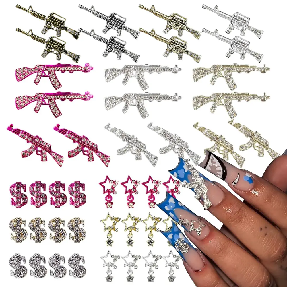 44PCS Gun Nail Charms Nail Art Rhinestone Alloy Gun Dollar Sign Star Nail Luxury Decor for Acrylic DIY Jewelry Nails Accessories