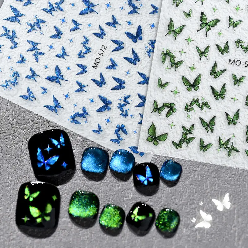1PC 3D Elegant Luxury Nail Art Stickers Blue Glitter Butterfly Self Adhesive Nail Decorations Slider Decals DIY Nail Accessories