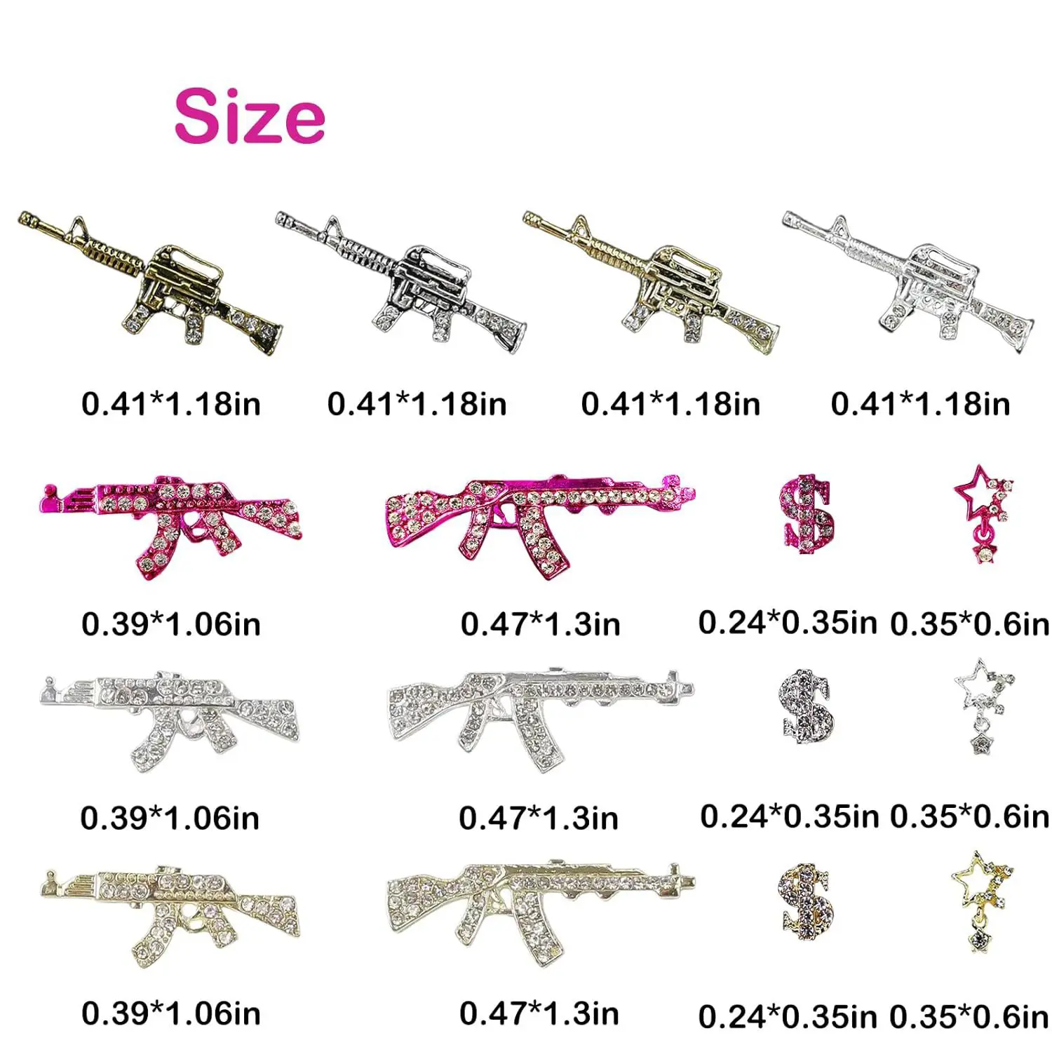 44PCS Gun Nail Charms Nail Art Rhinestone Alloy Gun Dollar Sign Star Nail Luxury Decor for Acrylic DIY Jewelry Nails Accessories