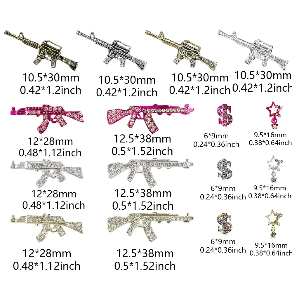 44PCS Gun Nail Charms Nail Art Rhinestone Alloy Gun Dollar Sign Star Nail Luxury Decor for Acrylic DIY Jewelry Nails Accessories