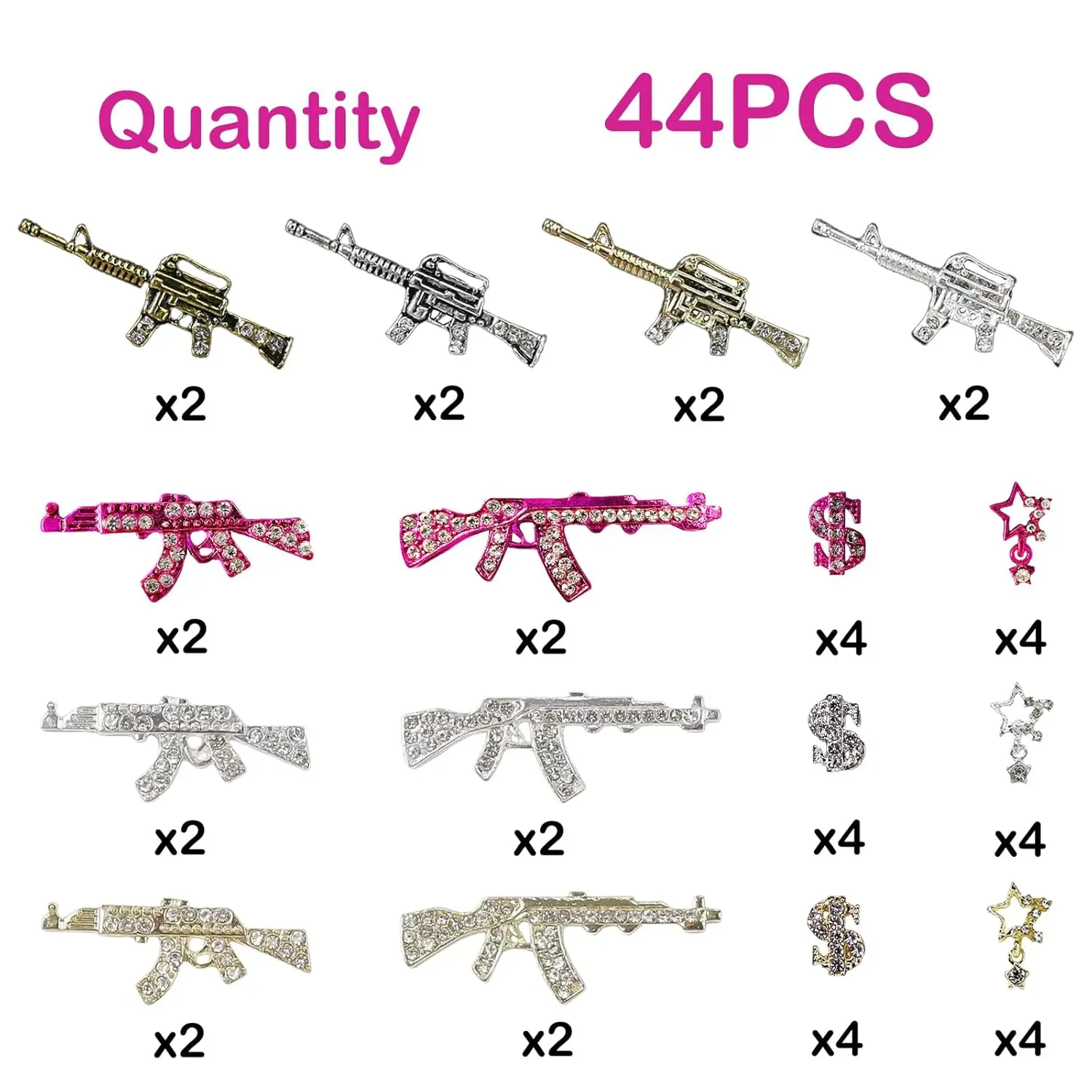 44PCS Gun Nail Charms Nail Art Rhinestone Alloy Gun Dollar Sign Star Nail Luxury Decor for Acrylic DIY Jewelry Nails Accessories