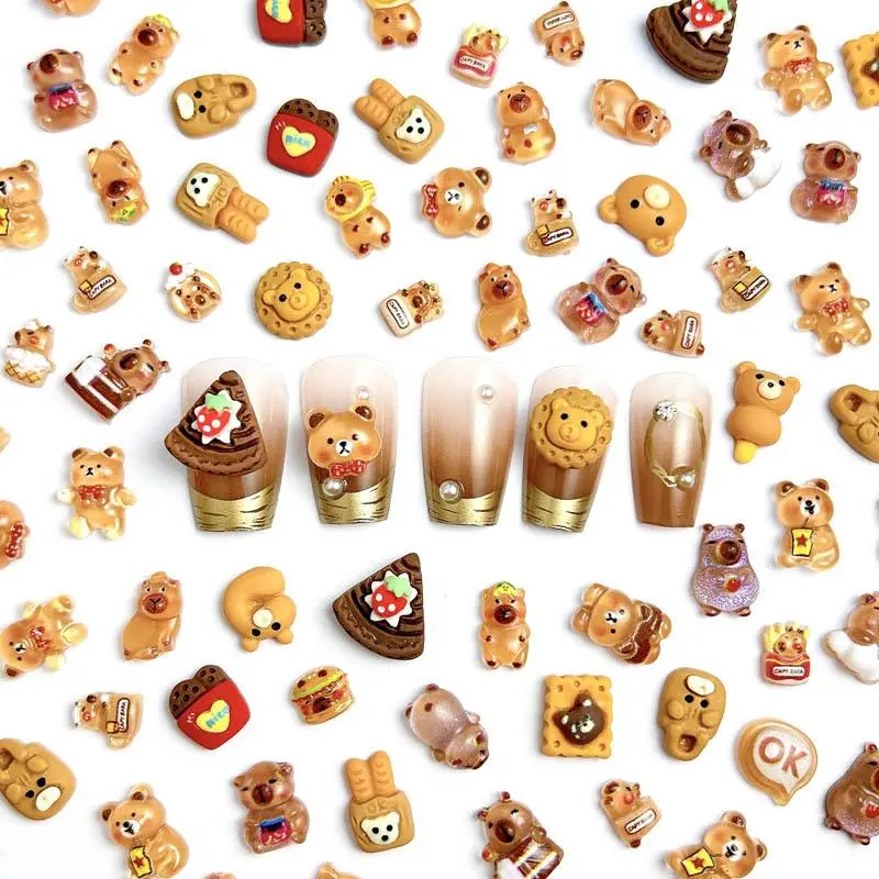 Random Mixed Cute Cartoon Bear Nail Charms Kawaii Coffee Bear Nail Art Decorations Manicure DIY Accessories Crafts Supplies