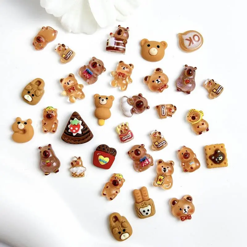Random Mixed Cute Cartoon Bear Nail Charms Kawaii Coffee Bear Nail Art Decorations Manicure DIY Accessories Crafts Supplies