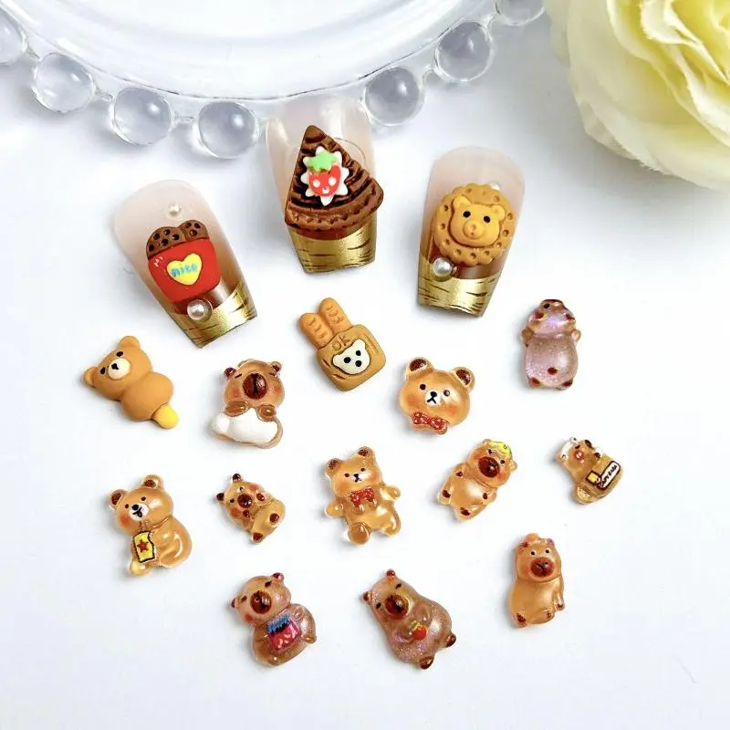 Random Mixed Cute Cartoon Bear Nail Charms Kawaii Coffee Bear Nail Art Decorations Manicure DIY Accessories Crafts Supplies