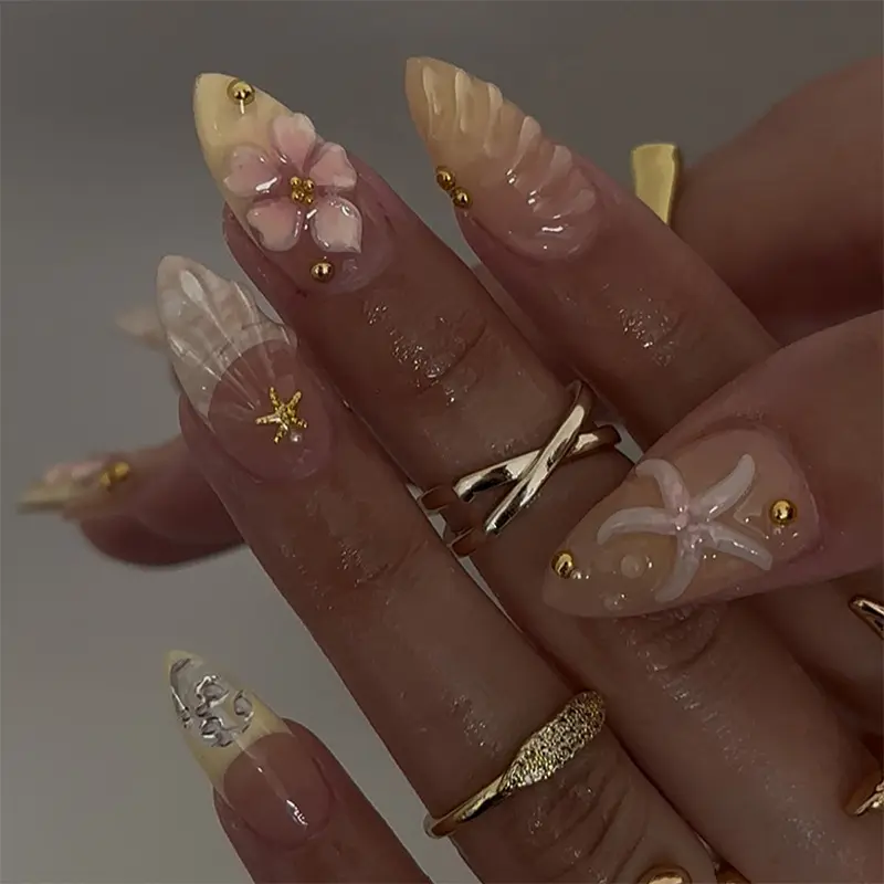24PCS Summer Colorful Almond False Nail with 3D Flower Beach Paintings Press on Fake Nail Full Cover Wearable Manicure for Women