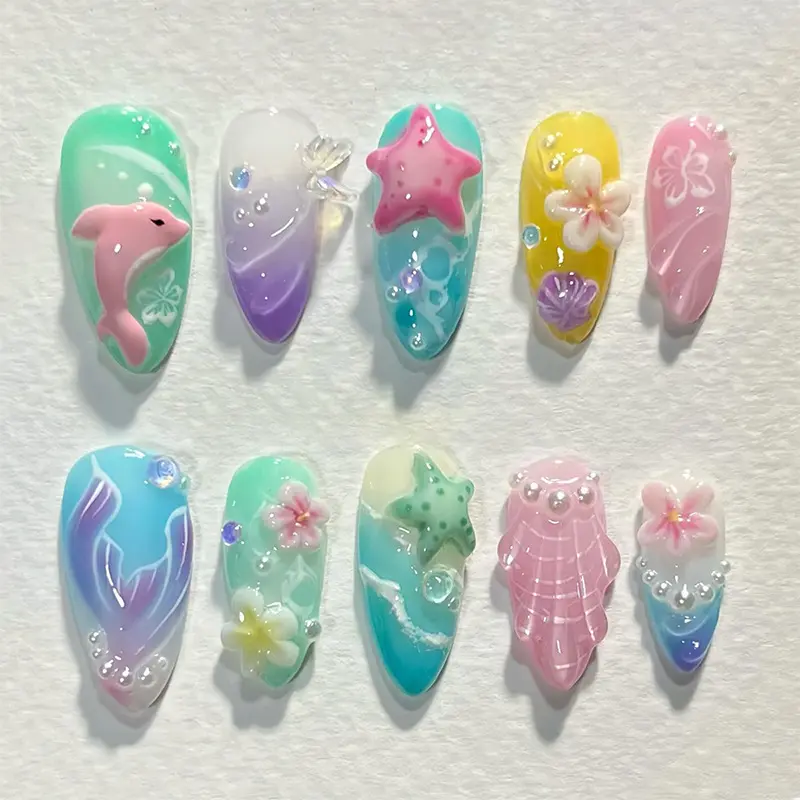 24PCS Summer Colorful Almond False Nail with 3D Flower Beach Paintings Press on Fake Nail Full Cover Wearable Manicure for Women