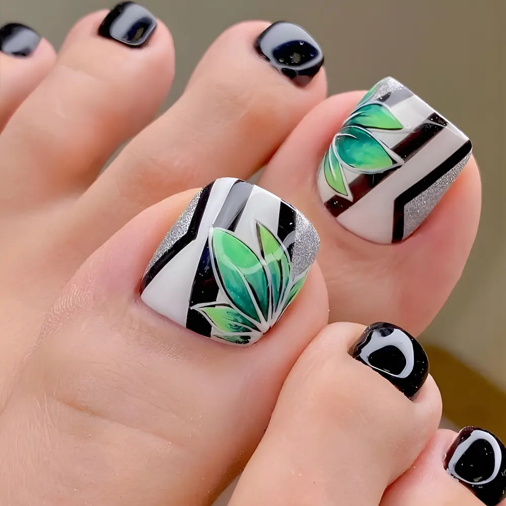 False Toe Nails New Summer Simple French Fake Toenails Wearable Removable Press On Toe nail 24pcs Fake Toenails For Girls Women