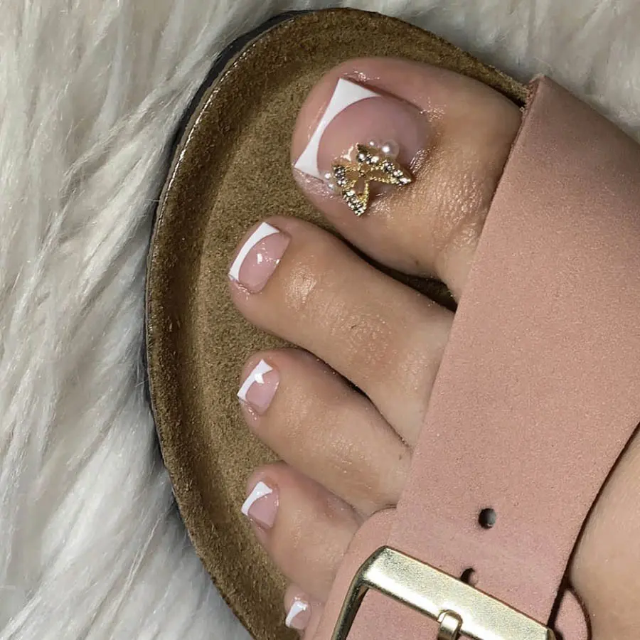 False Toe Nails New Summer Simple French Fake Toenails Wearable Removable Press On Toe nail 24pcs Fake Toenails For Girls Women
