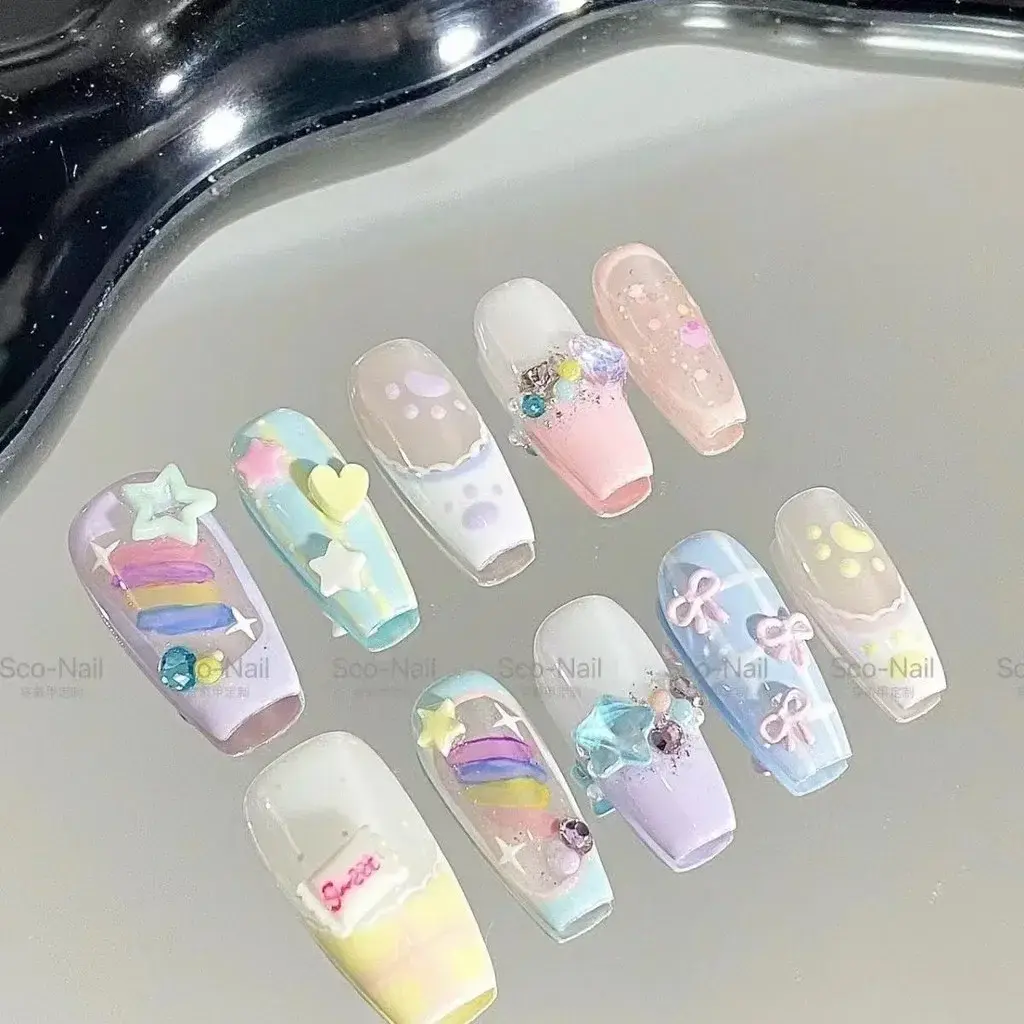 Candy Pudding Handmade Wearable Nails Sweet Cute Nail Art Patch Removable Bow Star Summer French Fake Nails