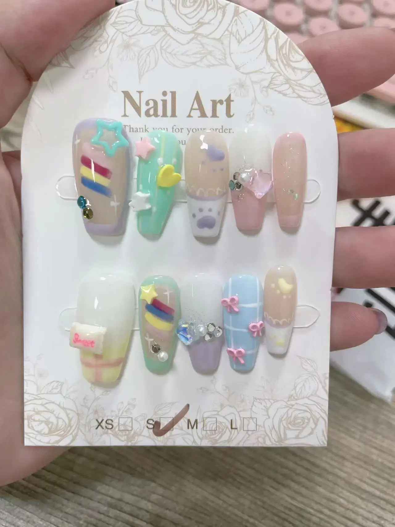 Candy Pudding Handmade Wearable Nails Sweet Cute Nail Art Patch Removable Bow Star Summer French Fake Nails