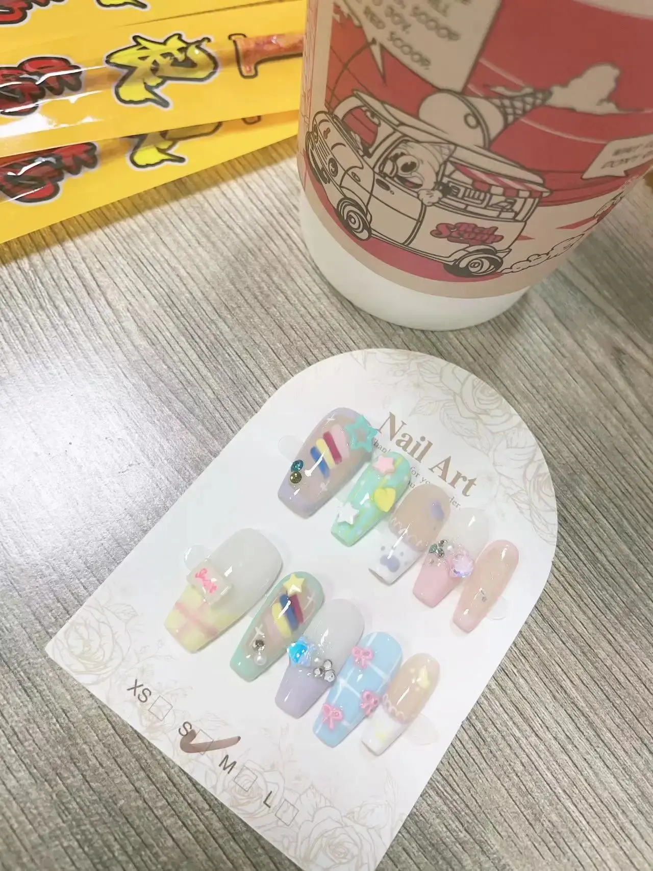 Candy Pudding Handmade Wearable Nails Sweet Cute Nail Art Patch Removable Bow Star Summer French Fake Nails