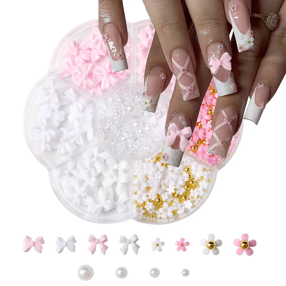 1box 3D Flower Bow Nail Art Decorations Kit Pink/White Acrylic Floral/Peal Beads Nail Charm with Wax Pen/Tweezer 4/6mm Nail Part