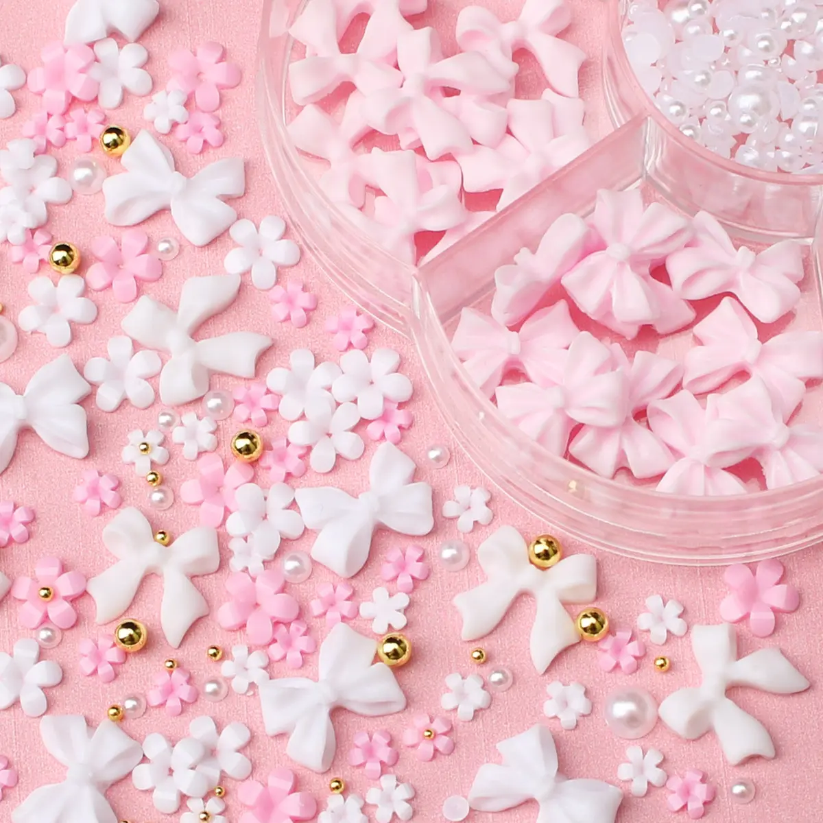 1box 3D Flower Bow Nail Art Decorations Kit Pink/White Acrylic Floral/Peal Beads Nail Charm with Wax Pen/Tweezer 4/6mm Nail Part