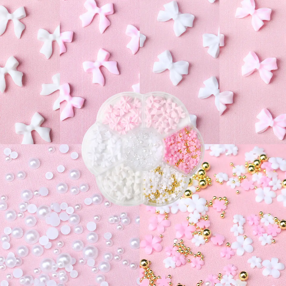 1box 3D Flower Bow Nail Art Decorations Kit Pink/White Acrylic Floral/Peal Beads Nail Charm with Wax Pen/Tweezer 4/6mm Nail Part