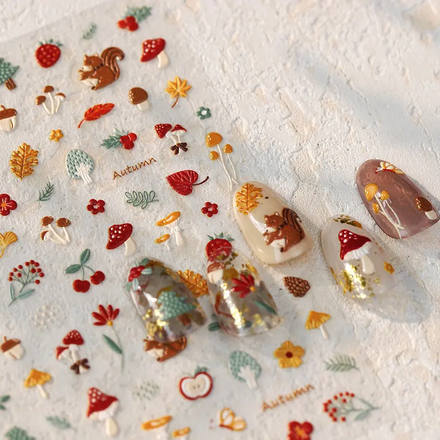 Squirrel Mushroom Apple Strawberry Cherry Pinecone Ginkgo Leaf Self Adhesive Nail Art Stickers Butterfly Flower Manicure Decals