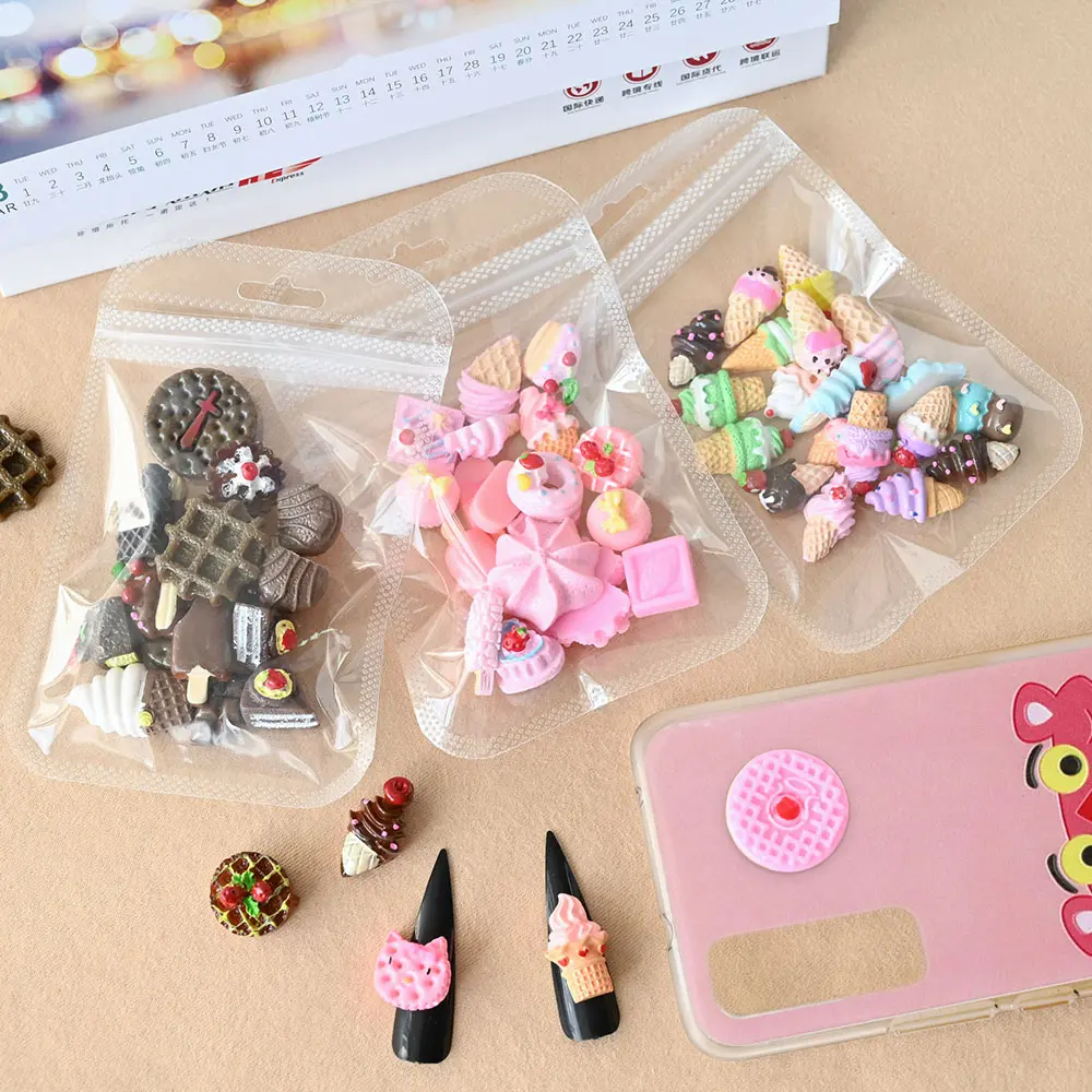 20pcs/Bag 3D Summer Cartoon Ice Cream Donuts Nail Charms Resin Mixed Cute Nail Art Decoration DIY Crafts Manicure Parts