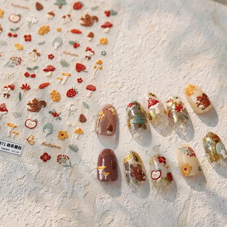 Squirrel Mushroom Apple Strawberry Cherry Pinecone Ginkgo Leaf Self Adhesive Nail Art Stickers Butterfly Flower Manicure Decals
