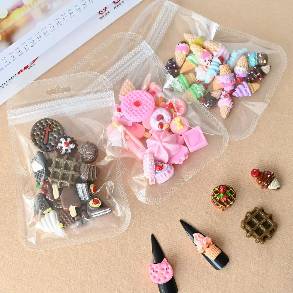 20pcs/Bag 3D Summer Cartoon Ice Cream Donuts Nail Charms Resin Mixed Cute Nail Art Decoration DIY Crafts Manicure Parts