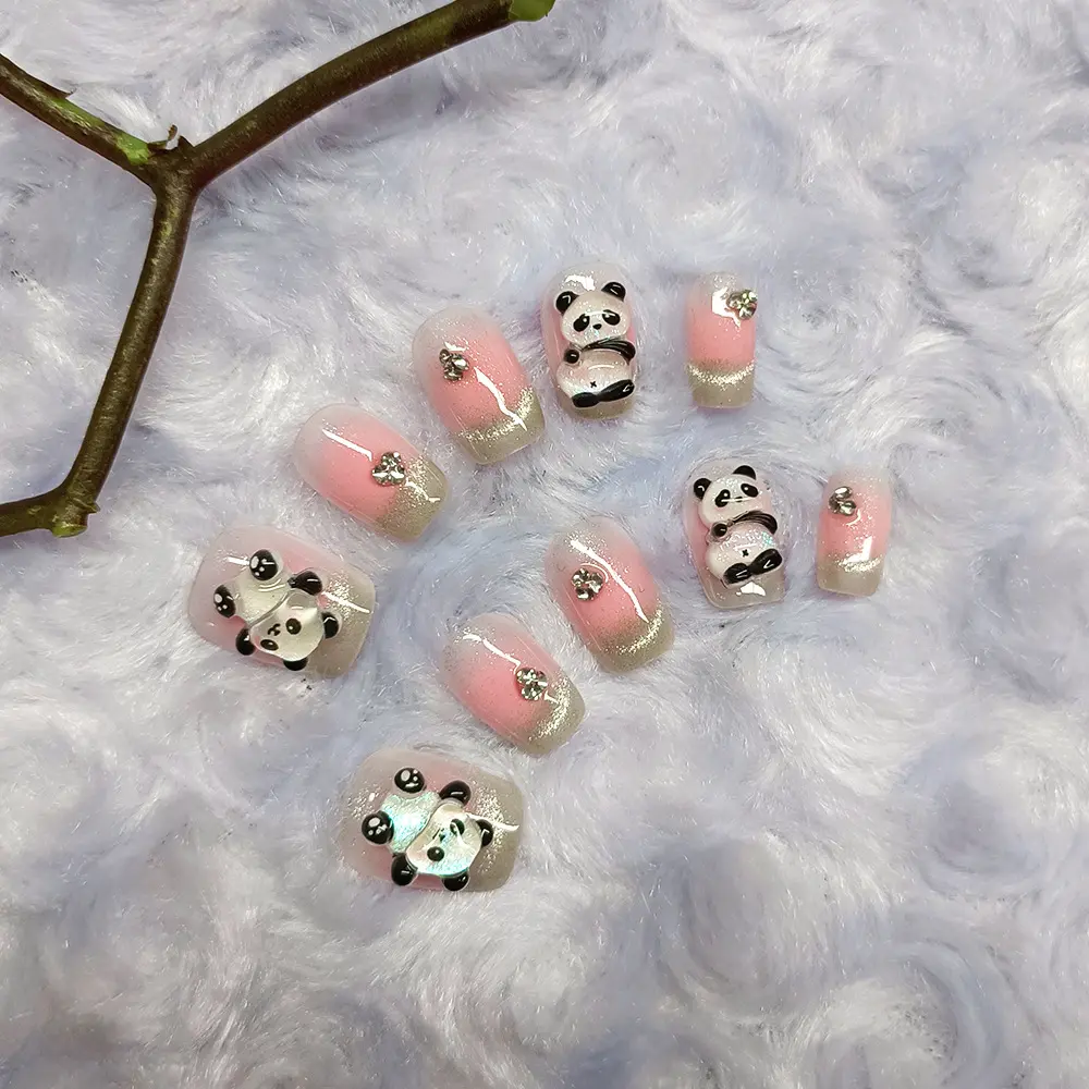 10Pcs Handmade Press on Nails 3D Panda French Edge Diamond False Nail for Women&Girl Short Oval Removable wearable Nail Art