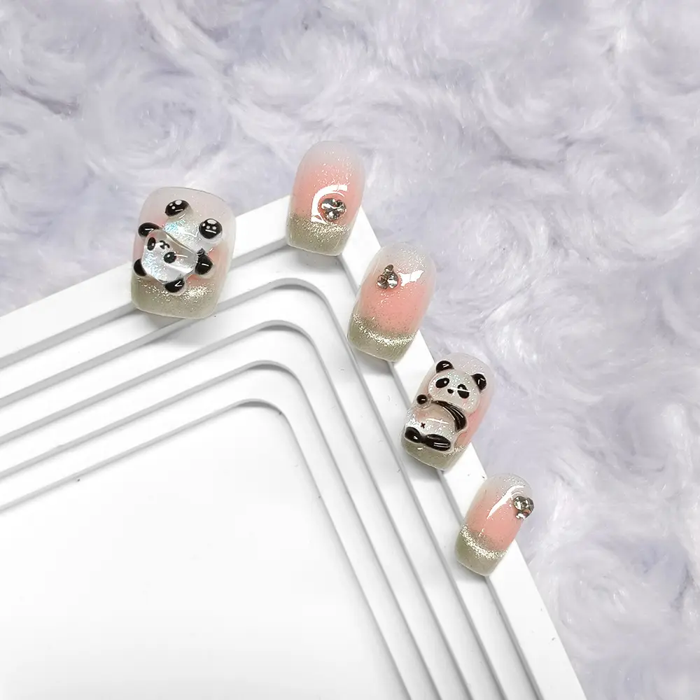 10Pcs Handmade Press on Nails 3D Panda French Edge Diamond False Nail for Women&Girl Short Oval Removable wearable Nail Art