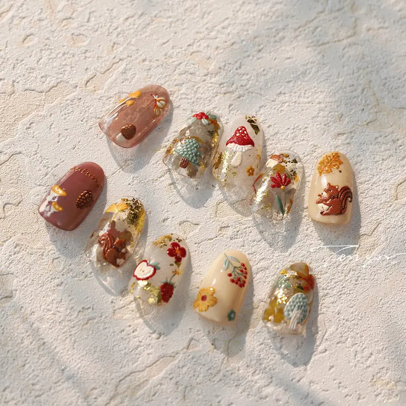 Squirrel Mushroom Apple Strawberry Cherry Pinecone Ginkgo Leaf Self Adhesive Nail Art Stickers Butterfly Flower Manicure Decals