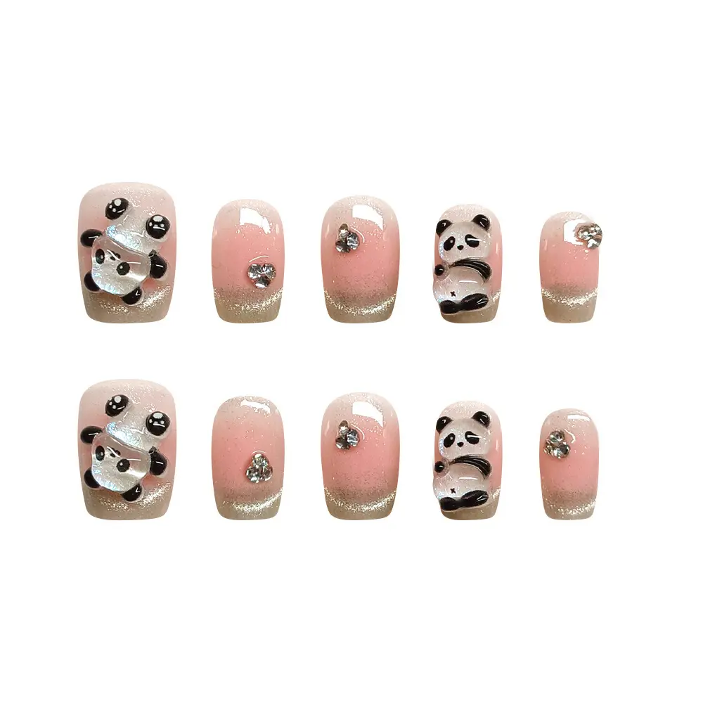 10Pcs Handmade Press on Nails 3D Panda French Edge Diamond False Nail for Women&Girl Short Oval Removable wearable Nail Art