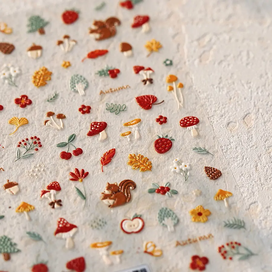 Squirrel Mushroom Apple Strawberry Cherry Pinecone Ginkgo Leaf Self Adhesive Nail Art Stickers Butterfly Flower Manicure Decals