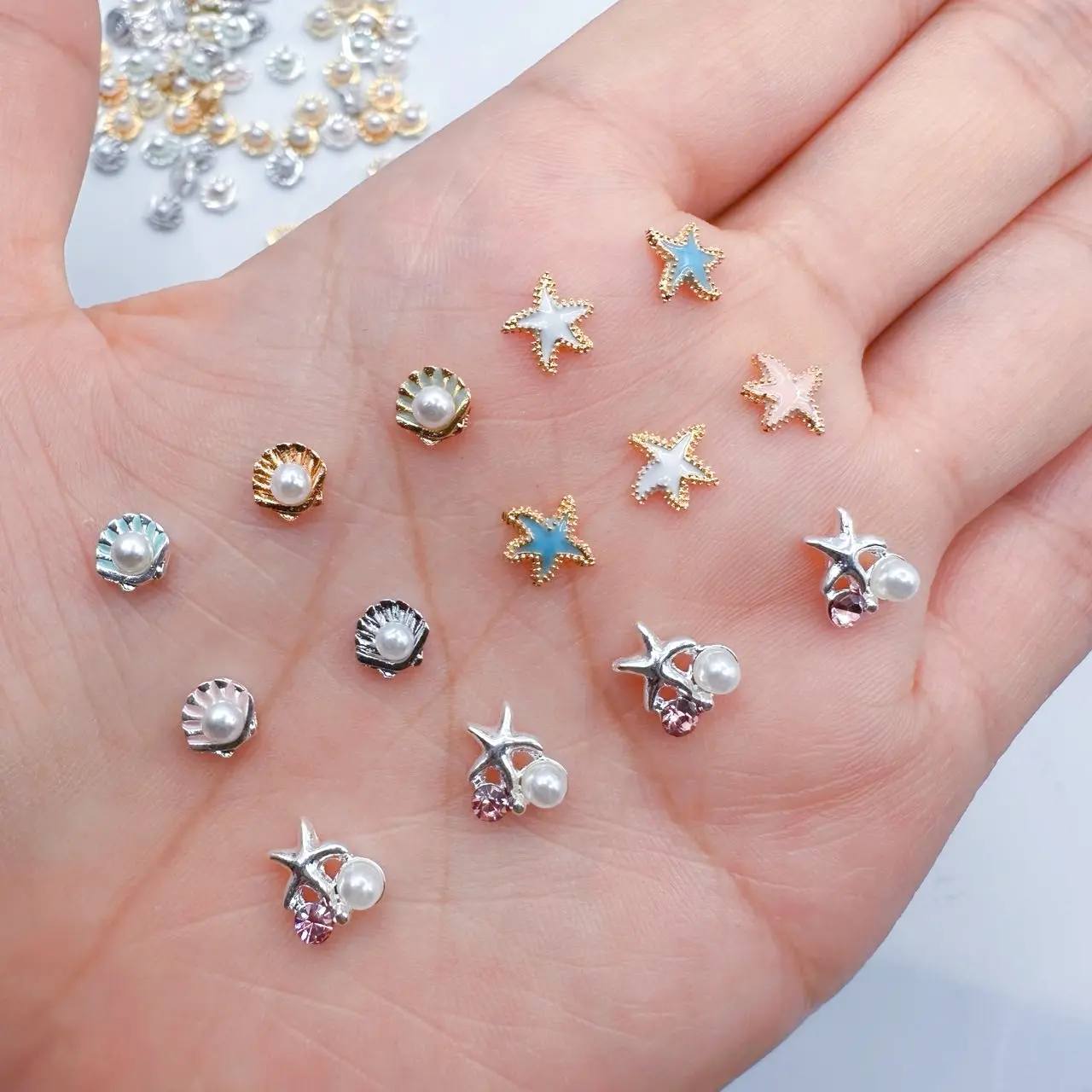 10pcs 3D Summer Ocean Nail Art Charms Parts Alloy Starfish Pearl Shell Design Nail Rhinestone Decorations DIY Nails Accessories