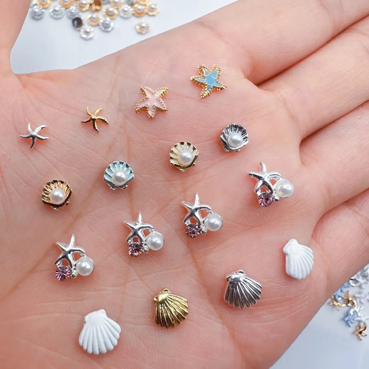 10pcs 3D Summer Ocean Nail Art Charms Parts Alloy Starfish Pearl Shell Design Nail Rhinestone Decorations DIY Nails Accessories