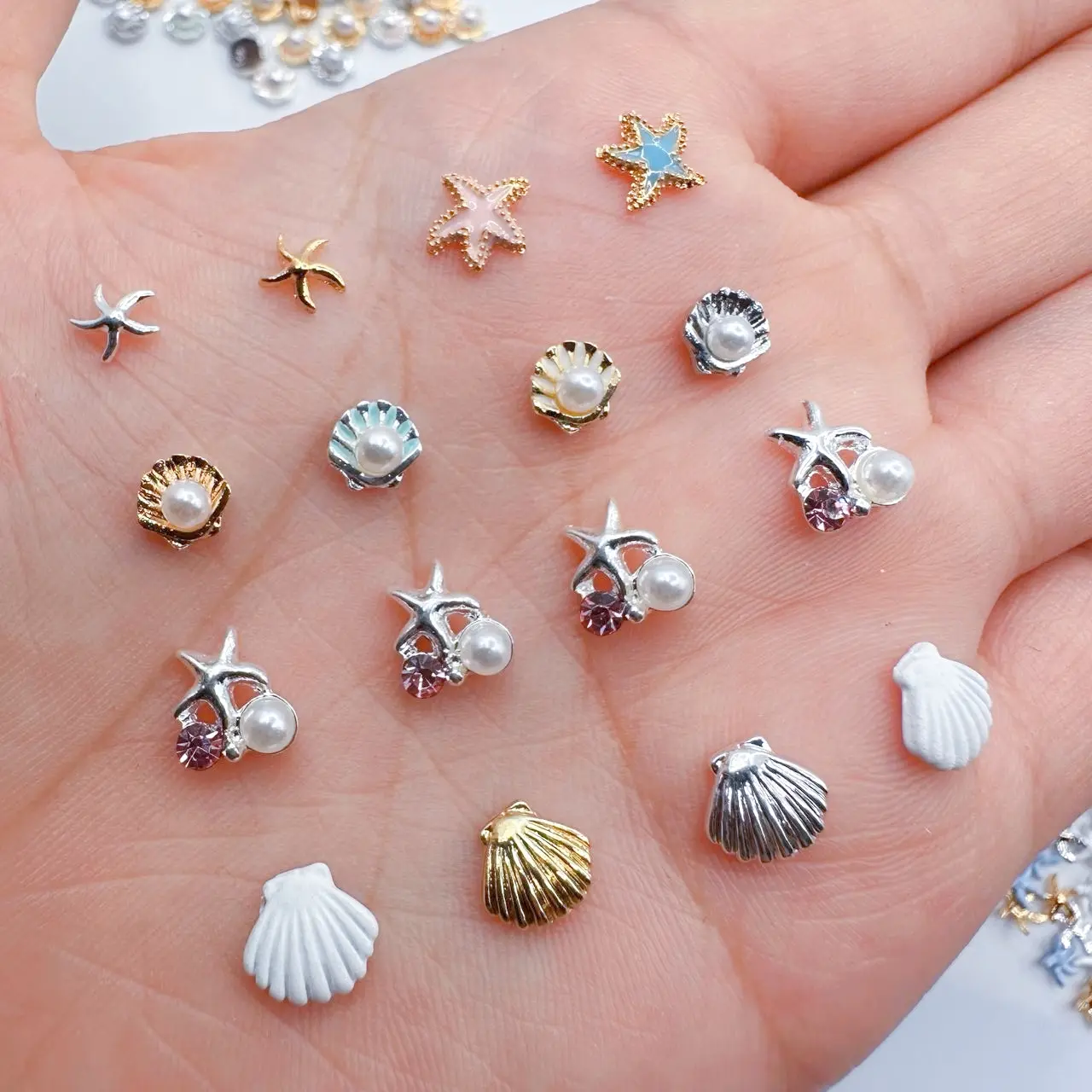 10pcs 3D Summer Ocean Nail Art Charms Parts Alloy Starfish Pearl Shell Design Nail Rhinestone Decorations DIY Nails Accessories