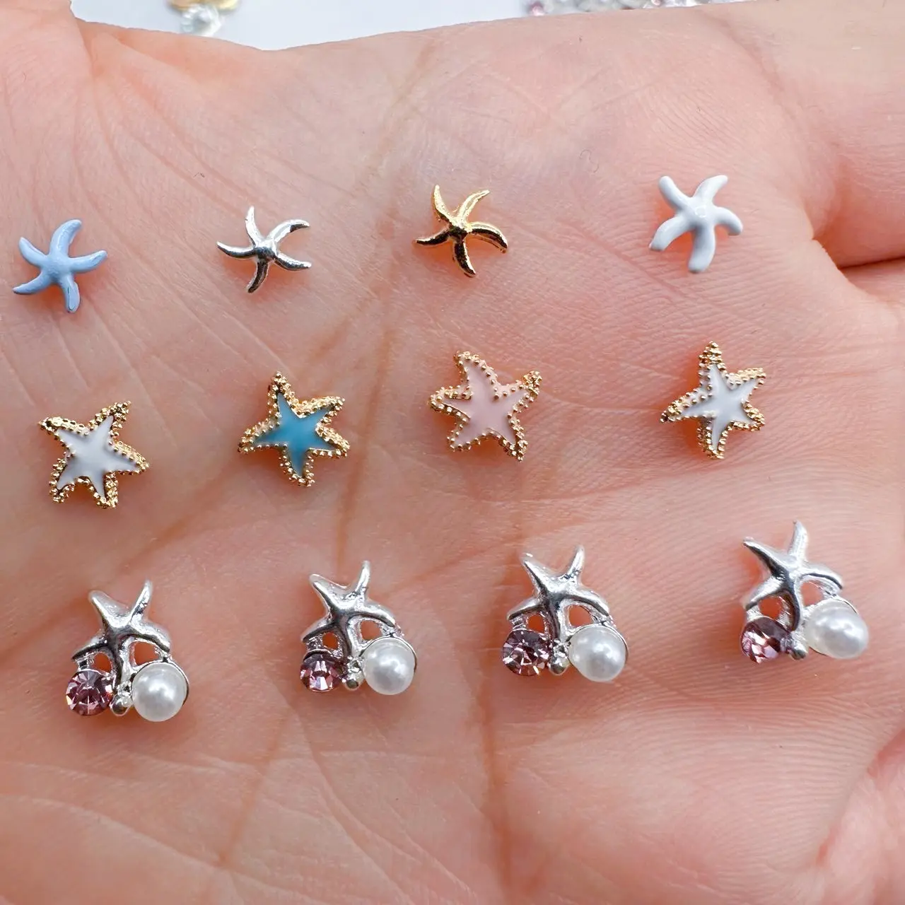 10pcs 3D Summer Ocean Nail Art Charms Parts Alloy Starfish Pearl Shell Design Nail Rhinestone Decorations DIY Nails Accessories