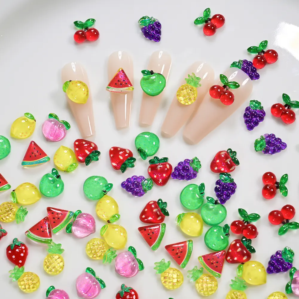 50pcs Resin 3D Summer Fruit Strawberry Nail Charms Cherry Lemon Peach Watermelon Kawaii Nail Rhinestones for DIY Nail Art Decor