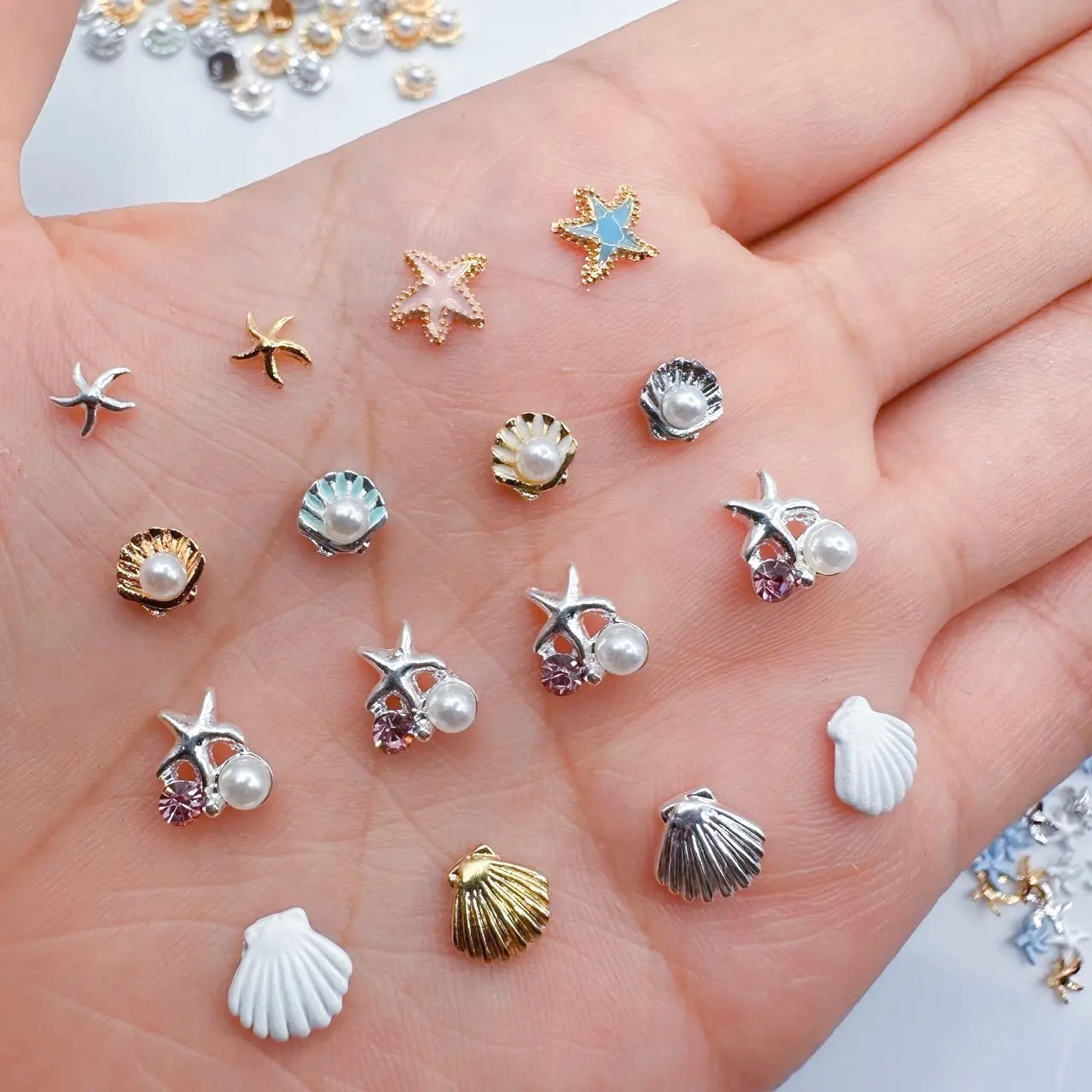 10pcs 3D Summer Ocean Nail Art Charms Parts Alloy Starfish Pearl Shell Design Nail Rhinestone Decorations DIY Nails Accessories