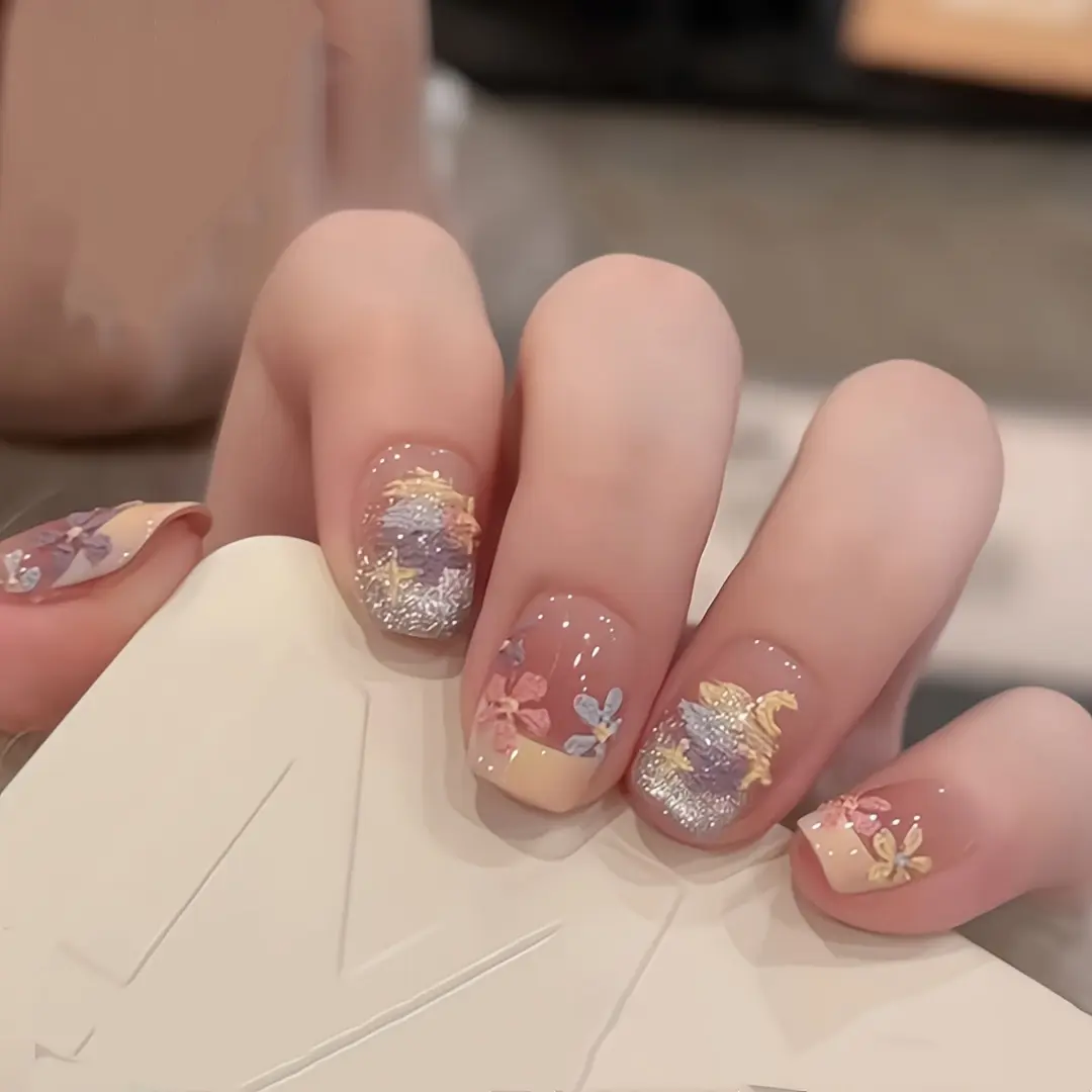 10pcs Handmade Press on Nails Spring&Summer Oil Painting Dopamine Cream Small Flowers Fake Nail for Women&Girl Removable Nail