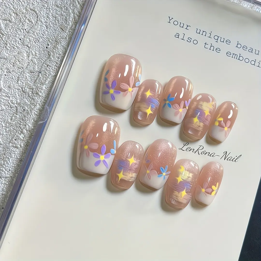 10pcs Handmade Press on Nails Spring&Summer Oil Painting Dopamine Cream Small Flowers Fake Nail for Women&Girl Removable Nail