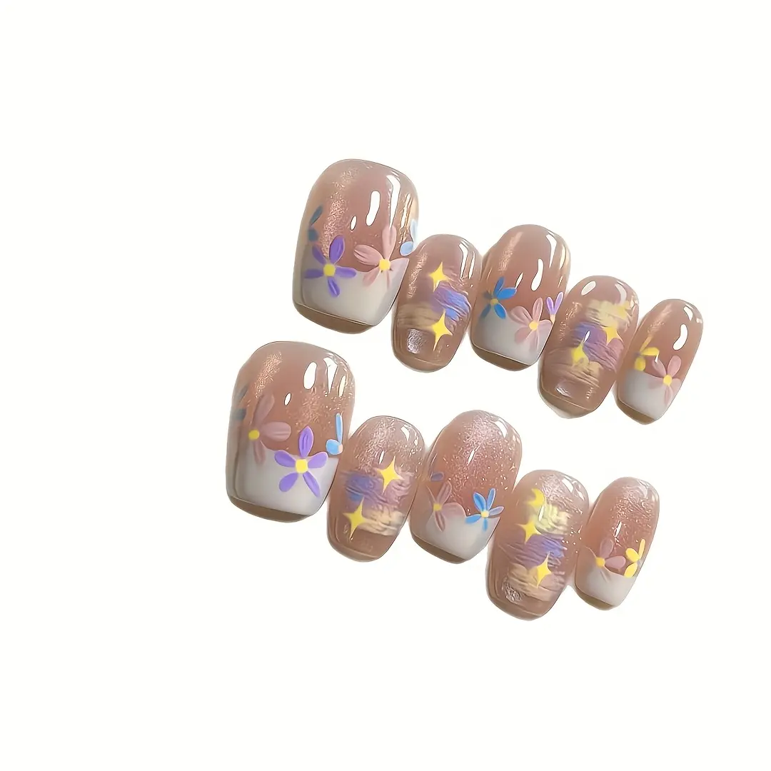 10pcs Handmade Press on Nails Spring&Summer Oil Painting Dopamine Cream Small Flowers Fake Nail for Women&Girl Removable Nail