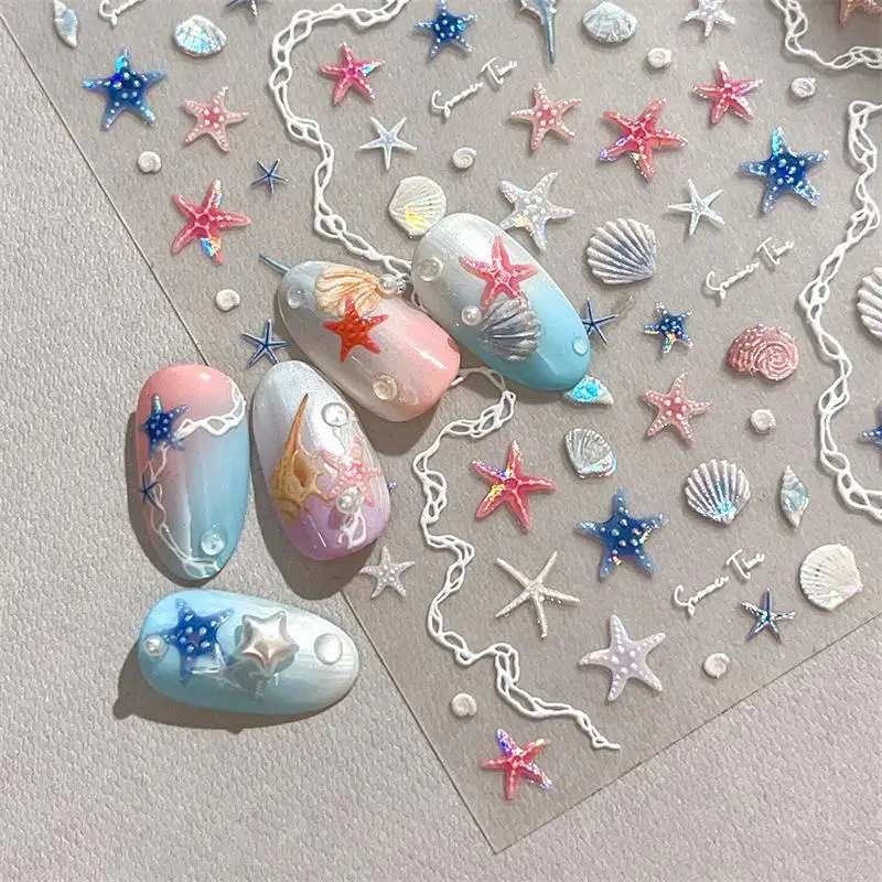 1 Sheet 5D Summer Seashell Nail Sticker Shiny Embossed Starfish Nails Stickers Summer Beach Sea Conch Nail Decals Decoration