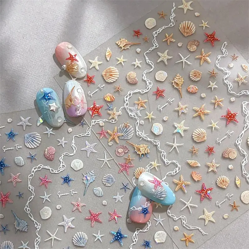 1 Sheet 5D Summer Seashell Nail Sticker Shiny Embossed Starfish Nails Stickers Summer Beach Sea Conch Nail Decals Decoration