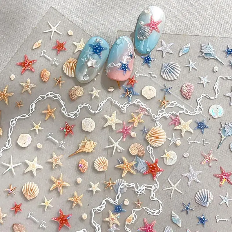 1 Sheet 5D Summer Seashell Nail Sticker Shiny Embossed Starfish Nails Stickers Summer Beach Sea Conch Nail Decals Decoration