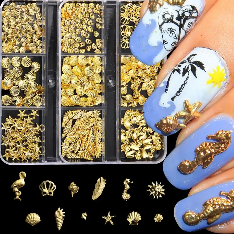 1 Box Metal Summer Ocean Nail Art Charms 3D Shell Starfish Seahorse Pearl Beads Alloy Nail Jewelry Mixed Manicure Studs Decor
