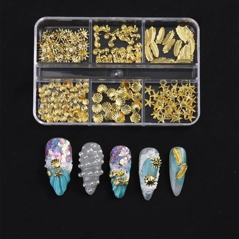 1 Box Metal Summer Ocean Nail Art Charms 3D Shell Starfish Seahorse Pearl Beads Alloy Nail Jewelry Mixed Manicure Studs Decor
