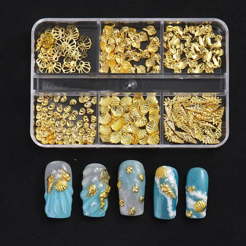 1 Box Metal Summer Ocean Nail Art Charms 3D Shell Starfish Seahorse Pearl Beads Alloy Nail Jewelry Mixed Manicure Studs Decor