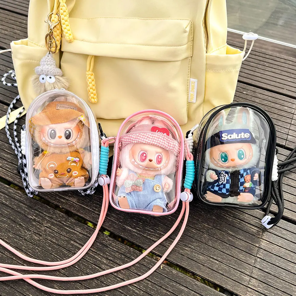 Messenger Bag Cotton Doll Bag Clear Hanging Display Case, Crossbody Doll Storage Bag, PVC Storage Case Cover for Figures