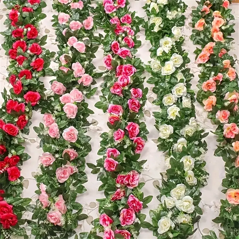 2.2M Artificial Rose Vine with 10 Blooms White pink  Faux Floral  Hanging Decor for Wedding Indoor Durable Plastic Plant