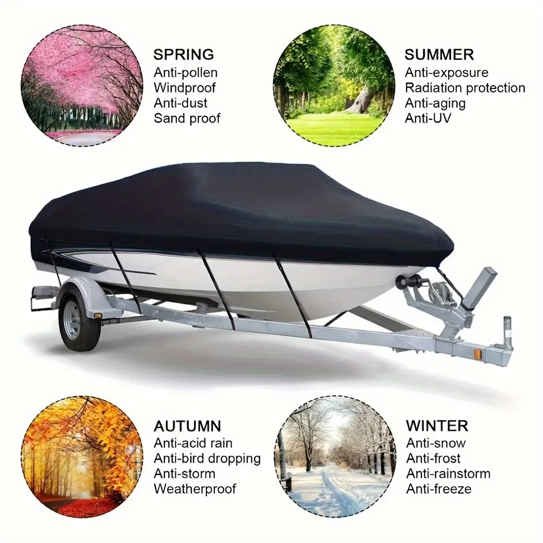 Black 190T Yacht Boat Cover Anti-UV Waterproof Outdoor Protection Heavy Duty Marine Fishing Speedboat 11-22FT