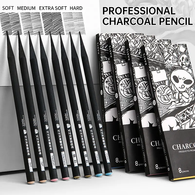 8pcs Charcoal Pencils Set for Drawing,Soft,Medium & Hard,for Drawing,Sketching,Shading,Tracing, Portraits,Sketch Pad,for Artists