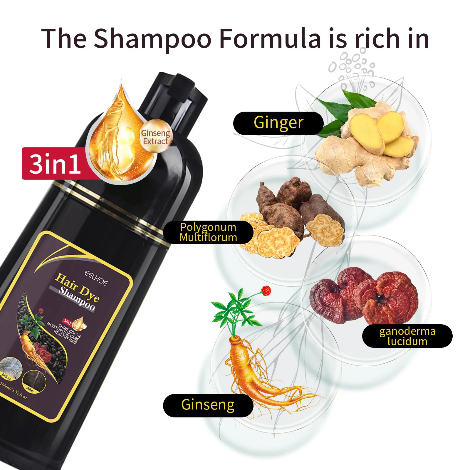10PCS 3in1 Hair Dye Shampoo for Gray Hair Polygonum Multiflorum Herbal Ingredients Natural Ginger Darkening Coloring Cover 100ml